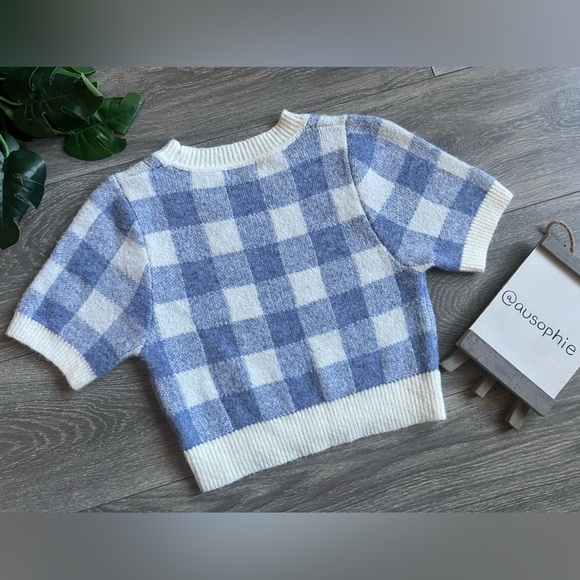 Debut Super Soft Blue & White Checked Crewneck Cropped Sweater Top. Size S/M - Picture 5 of 12